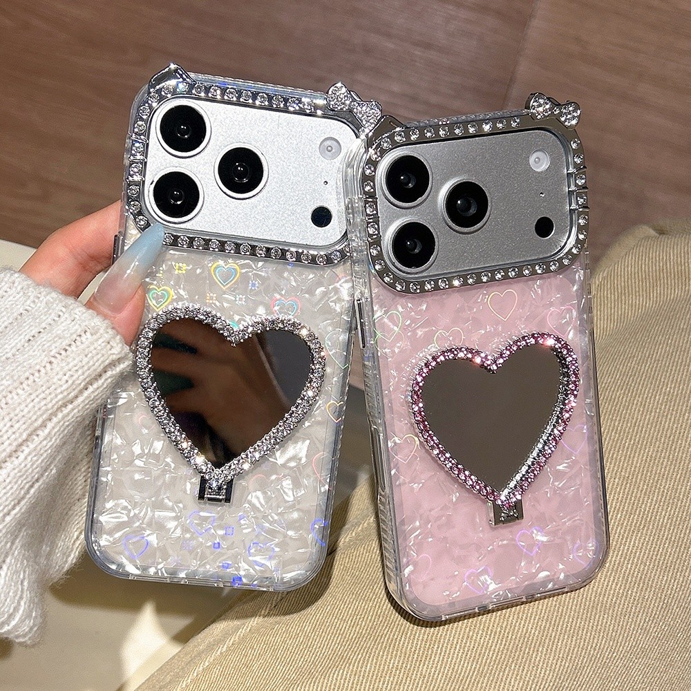 3D Trái Tim Tình Yêu Gương Giá Đỡ Kim Cương Tai Mèo Acrylic Ốp Lưng Điện Thoại iPhone 17 Pro Max 17 Air 16 Plus 15 14 13 12 11 Vỏ Bảo Vệ Chống Sốc