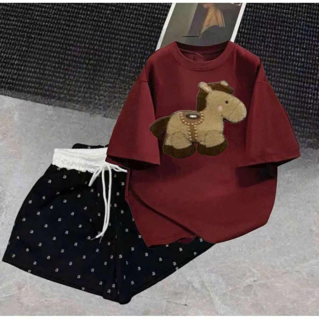 Bộ đồ nữ quần đùi cạp trắng chữ A + kết hợp áo phông rộng free size 40-55kg - thoitragthubio
