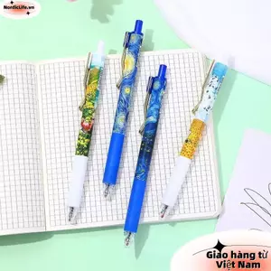 NORDICLIFE 4 Cái / hộp Bút Gel Báo Chí, Mực Đen ST 0.5 Mm Nhanh Khô Bút, Văn Phòng Phẩm Hợp Thời Trang Van Gogh Tranh Sơn Dầu Bút Bóng Lăn Thi