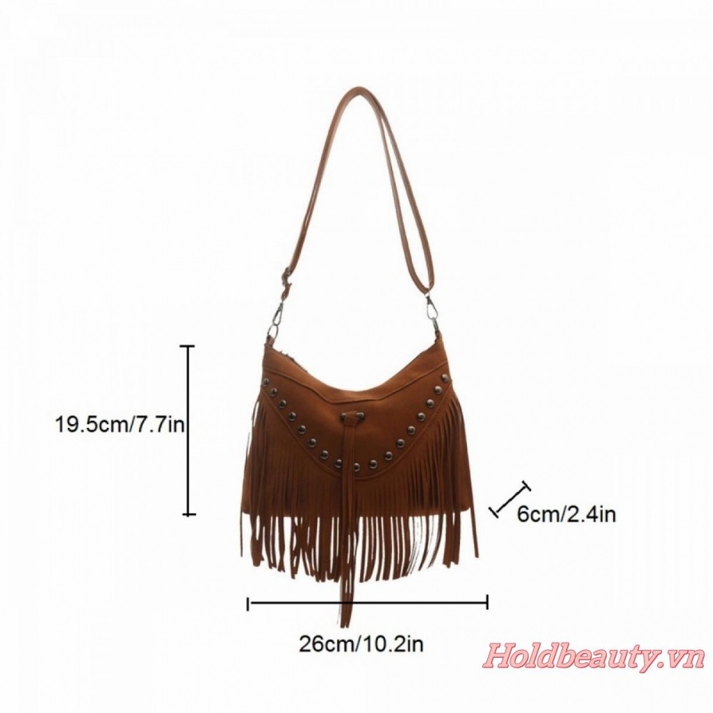 [Wxv2] Túi đeo chéo tua rua Bohemian giả da lộn cổ điển Đinh tán có dây kéo Túi đeo vai