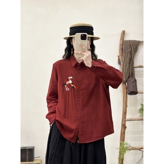 Áo sơ mi nữ cotton thêu mùa xuân, form skinny
