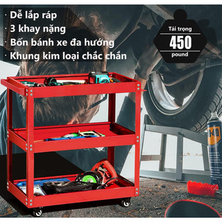Xe đẩy dụng cụ đồ nghề 3 tầng Bộ kệ đẩy dụng cụ sửa chữa có tay cầm và bánh xe xoay 360 độ sắt có thể chịu được 450kg