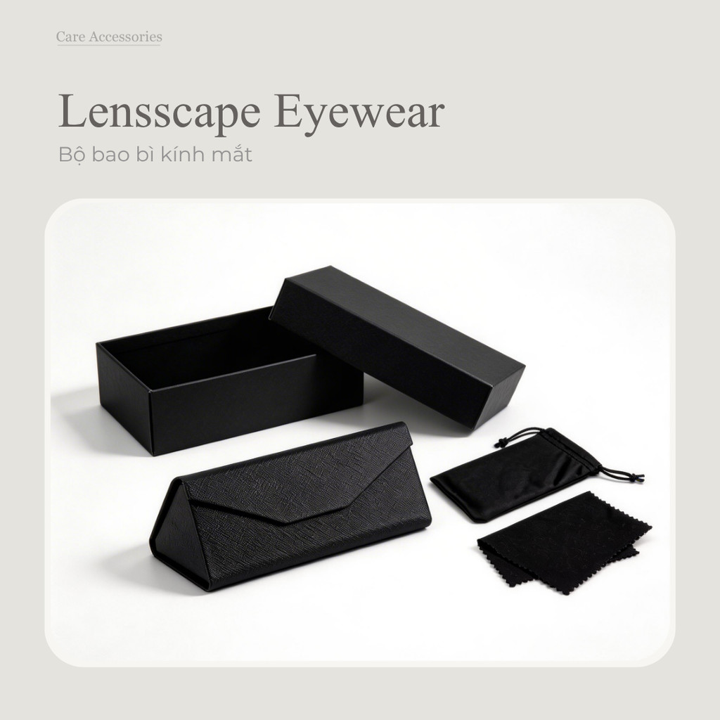 LENSSCAPE-Combo hộp kính gập + khăn lau kính + túi đựng kính – hộp đựng kính gọn nhẹ, cứng cáp, chống va đập, có móc carabiner treo ba lô