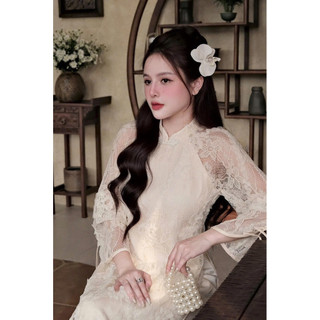 [Asasino] Set Bộ Áo Dài Trắng Tay Dài Đính Ngọc Phối Quần Lụa, Set Áo Dài KieuTrang Viền Phối Quần Suông