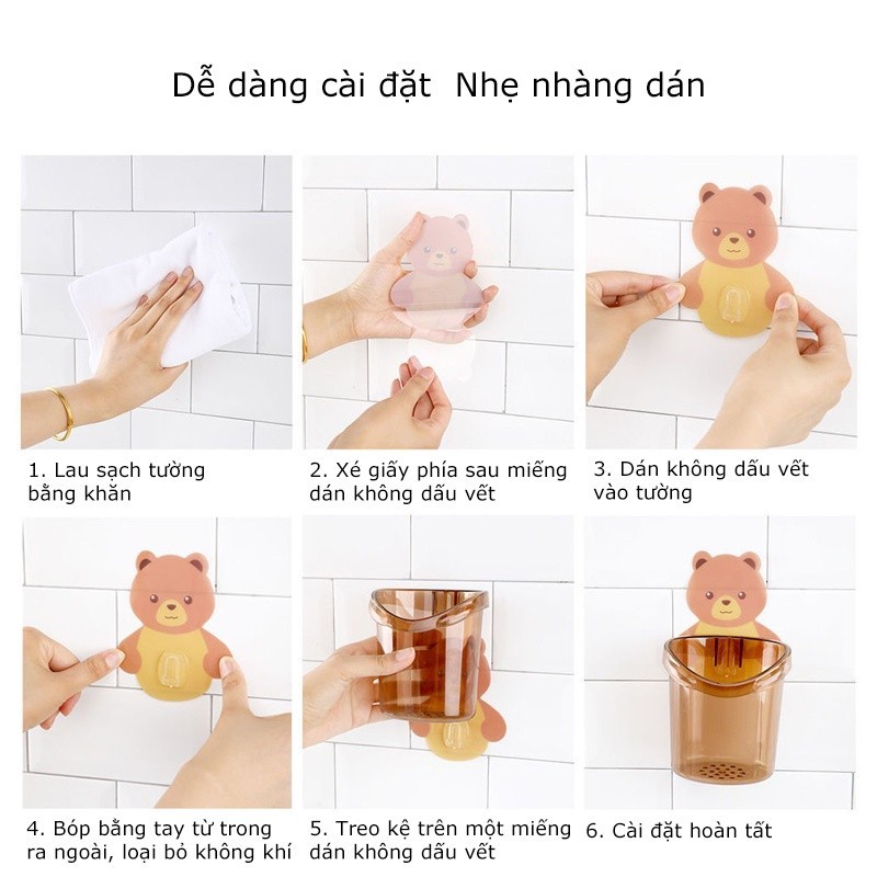 M7 Cốc gấu dán tường đựng bàn chải đánh răng, cốc gấu nâu đựng kem đánh răng MALAN