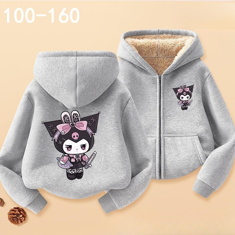 Áo Hoodie có dây buộc lông cừu Kuromi có mũ trùm đầu hoạt hình dễ thương Áo khoác thông thường ấm áp