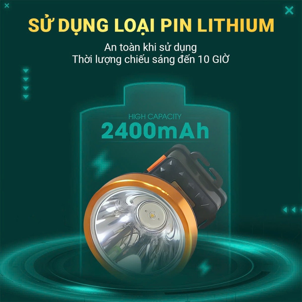 Đèn pin đội đầu siêu sáng 339 Mỹ Linh, đèn đội đầu 3 chế độ sáng, xoay 180 độ, pin lithium 2400mAh
