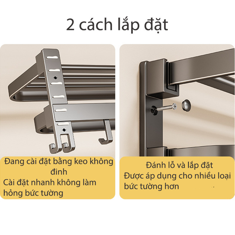 Giá Treo Khăn Nhà Tắm Dán Tường Bằng Nhôm Hàng Không - Thiết Kế Có Thanh Móc & Gấp Gọn, Tặng Kèm Keo Dán