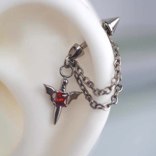 CLKLACEMASK Khuyên Tai Xuyên, Bông Tai Vòng Cánh Zircon Màu Đỏ Màu Bạc, Dây Xích Đôi Bằng Thép Không Gỉ Phong Cách Gothic Xương Tai Nữ Trang Sức