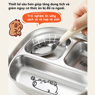 【BabyJoy】Khay ăn 3 ngăn hình Capybara cho bé, chất liệu inox cao cấp an toàn, kèm thìa inox, Thích hợp cho trẻ em
