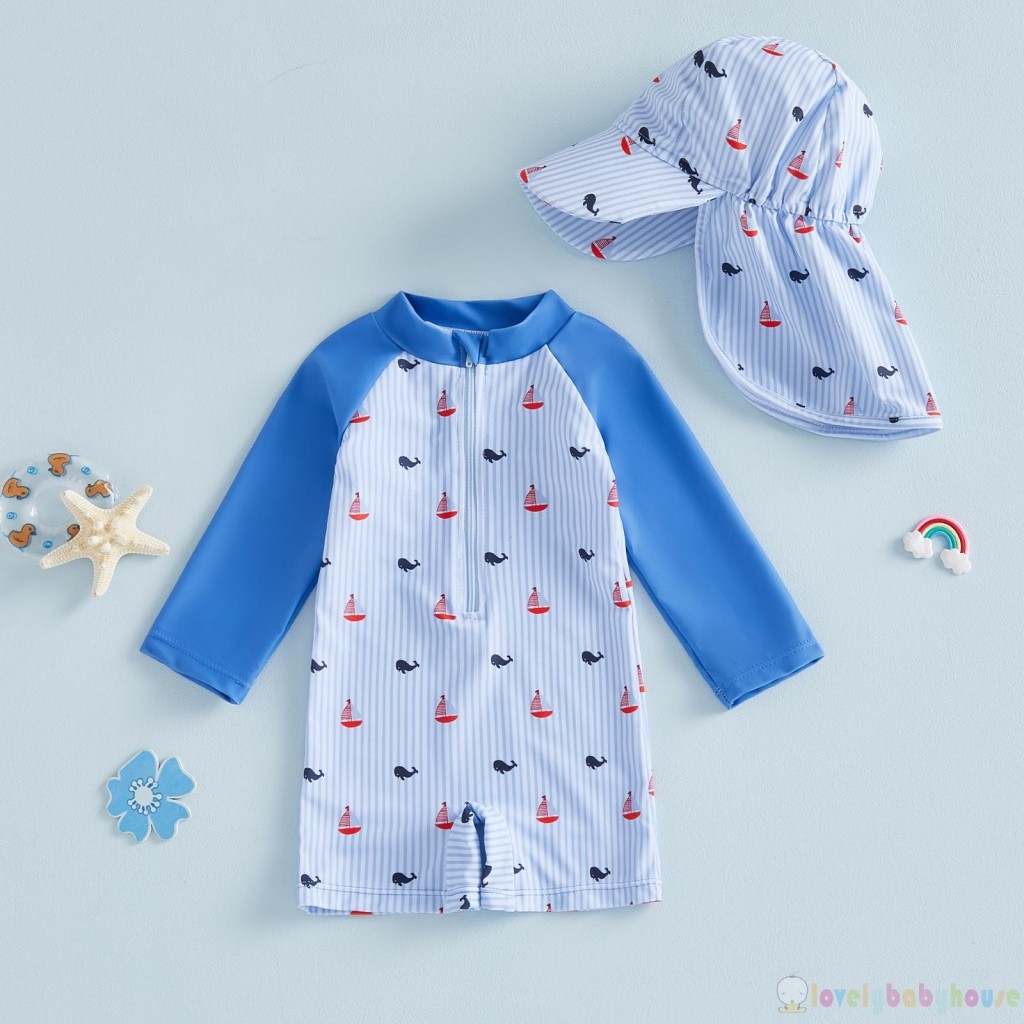 LBH-Baby Bee / Dưa Hấu / Thuyền buồm In Sọc Zip Up Áo Bơi Tay Dài Có Mũ Bộ 2 Chiếc