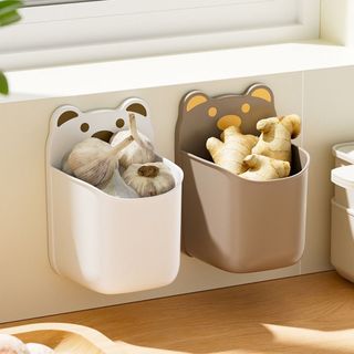 Hộp lưu trữ treo tường WOOLYNOOK, Hộp đựng bàn làm việc hình gấu hoạt hình màu nâu trắng, Hộp đựng văn phòng phẩm sáng tạo Tự dính Không có giá đỡ bút khoan Trang trí nhà cửa