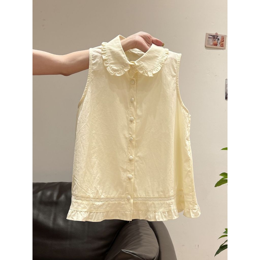 Áo vest áo yếm nữ màu vàng không tay cổ búp bê viền nấm, phong cách mới cho mùa hè