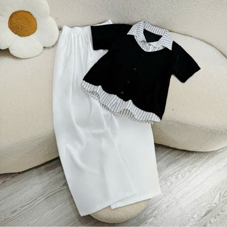 Set Bigsize Nữ Gồm Áo Kiểu Sơ Mi Cổ Đức Thiết Kế Phối Ghile May Liền Mix Quần Suông A338+q558