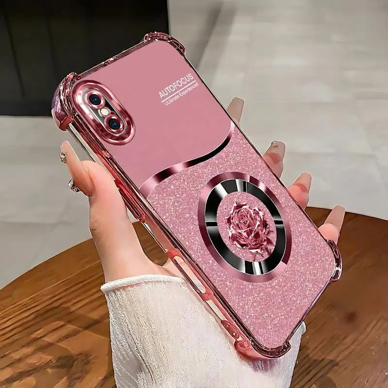 Ốp lưng iPhone XSmax, Phim hoạt hình, Bảo hiểm toàn diện, Chống rơi, Vỏ hoa hồng lấp lánh, Bảo vệ Camera mạ điện, Làm bằng silicon, Vỏ điện thoại