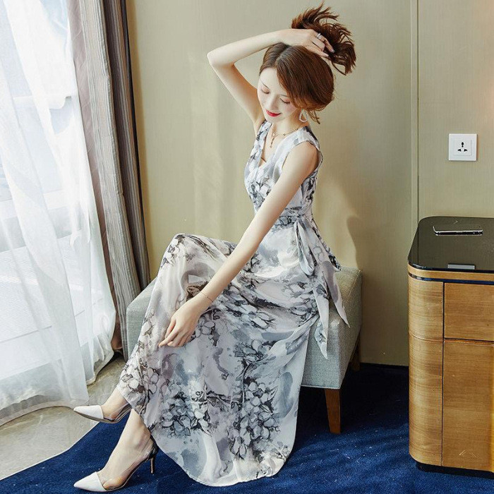 Váy đi biển, váy dài bohemian cho nữ, phong cách mùa hè mới, ôm eo, thắt eo, tôn dáng, váy đi nghỉ mát bên biển.