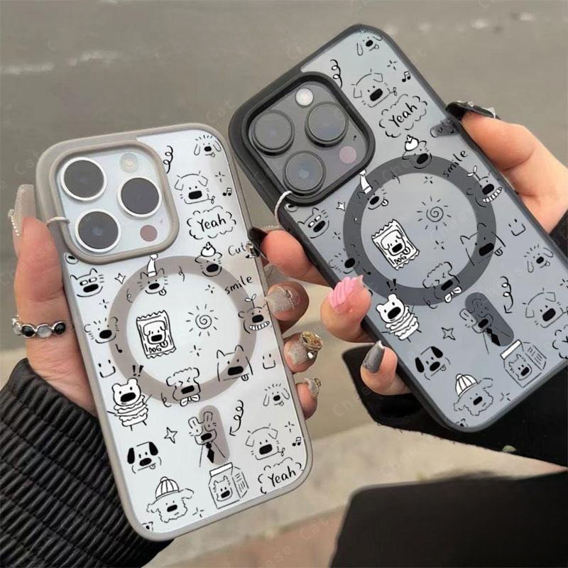 Dòng chó con lấp đầy màn hình Ốp điện thoại từ tính cho iPhone 11 12 13 14 15 16 17 Pro Max 7 Plus XR Xs Màu xám cao cấp