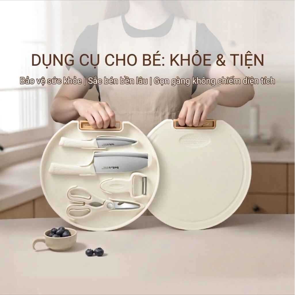 Bộ Dao Thớt Kéo Nạo Đa Năng 5 Món Cho Bé Ăn Dặm Kèm Hộp Đựng Tròn Tiện Lợi Nhà Bếp