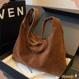 Túi da lộn CHEESELY dành cho nữ, Túi Tote lười có dây kéo công suất lớn, Túi xách Hobo nữ màu nâu thông thường