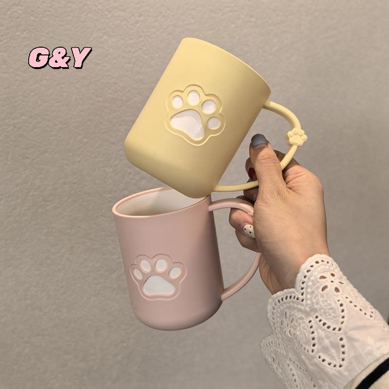 [G & Y-t] Cốc đựng bàn chải đánh răng cặp đôi Bàn chân mèo hoạt hình bằng nhựa dễ thương có tay cầm cho cốc rửa miệng trong phòng tắm [Mới]