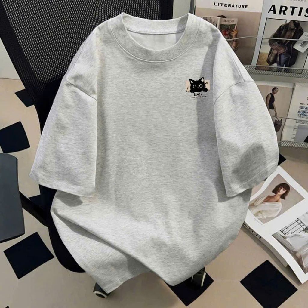Áo phông basic tay lỡ thời trang, unisex họa tiết chữ BLACKCAT in ng ự c   -thoitragthubio