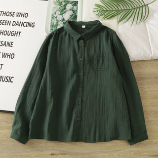 Áo sơ mi nữ thanh lịch phong cách Nhật Bản, chất liệu cotton nguyên chất, dáng dài tay
