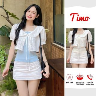 Set áo croptop 2 lớp dáng babydoll tay phồng tiểu thư cổ sen thắt nơ dễ thương Hàn Quốc