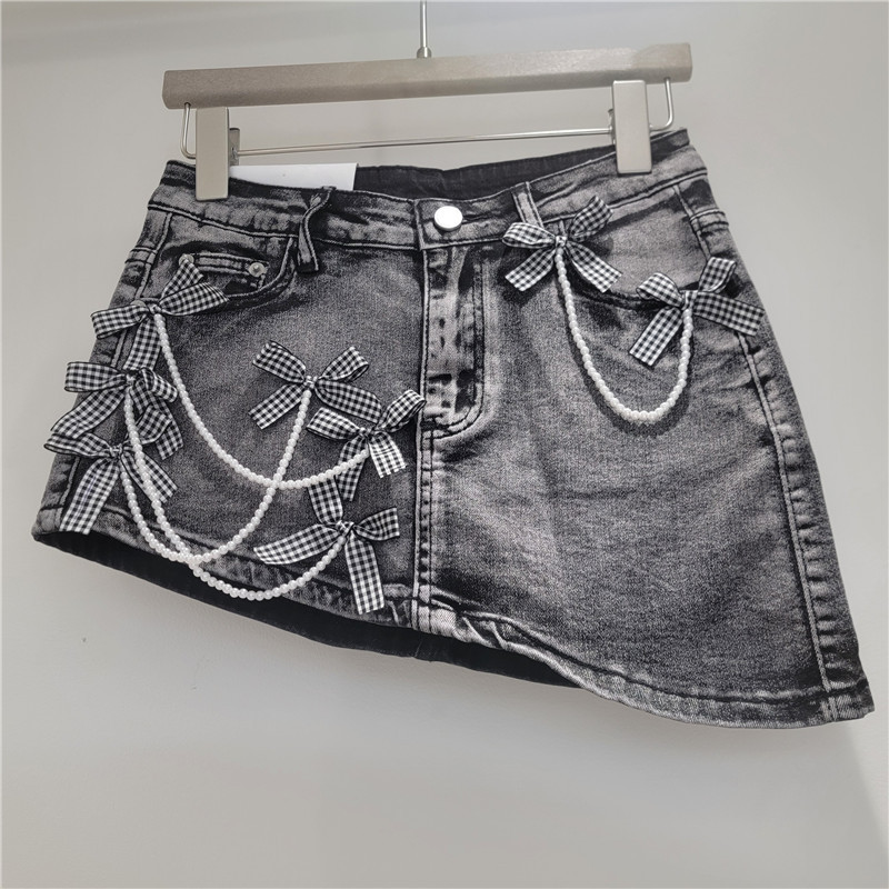 Phong Cách Dễ Thương Nơ Ngọc Trai Trang Trí Váy Denim Giảm Tuổi Nữ Mùa Xuân Mùa Hè Phong Cách Mới Váy Bất Đối Xứng