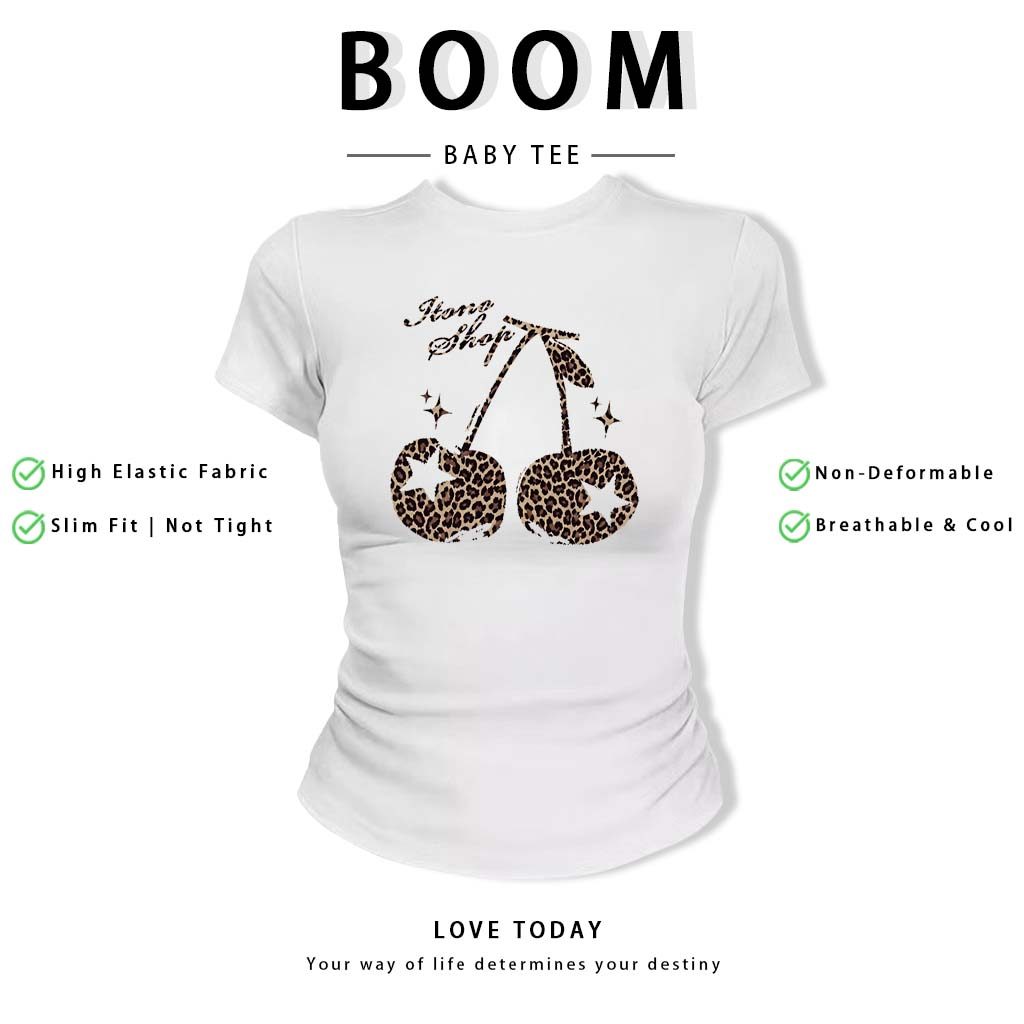 BOOM Áo Baby Tee Nữ Cotton Ôm Body-Áo Thun Ngắn Tay Y2K In Hình PhongCách Mùa Hè, Cổ Tròn Hàng Đầucách hàn quốc phongQ48