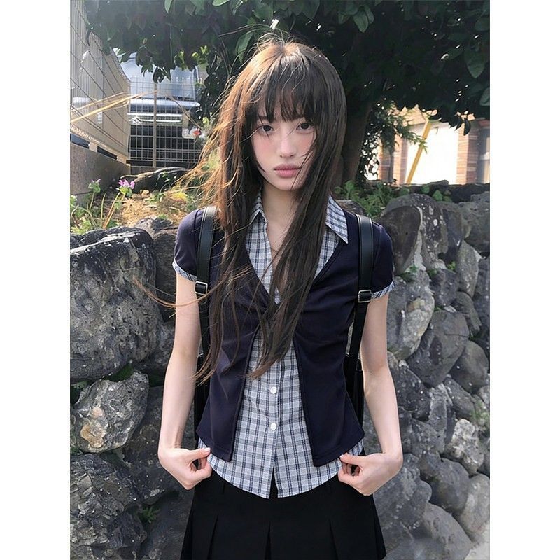 Preppy Phong Cách Giả Hai Mảnh Áo Sơ Mi Tay Ngắn Nữ Mùa Hè Tương Phản Màu Khâu Kẻ Sọc Trang Trọng Áo Sơ Mi Vai Slim @ -