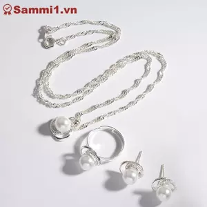 Bộ Cưới Hoa Bướm Ngọc Trai Mạ Bạc, Trang Sức Cô Dâu Bộ 3 Món