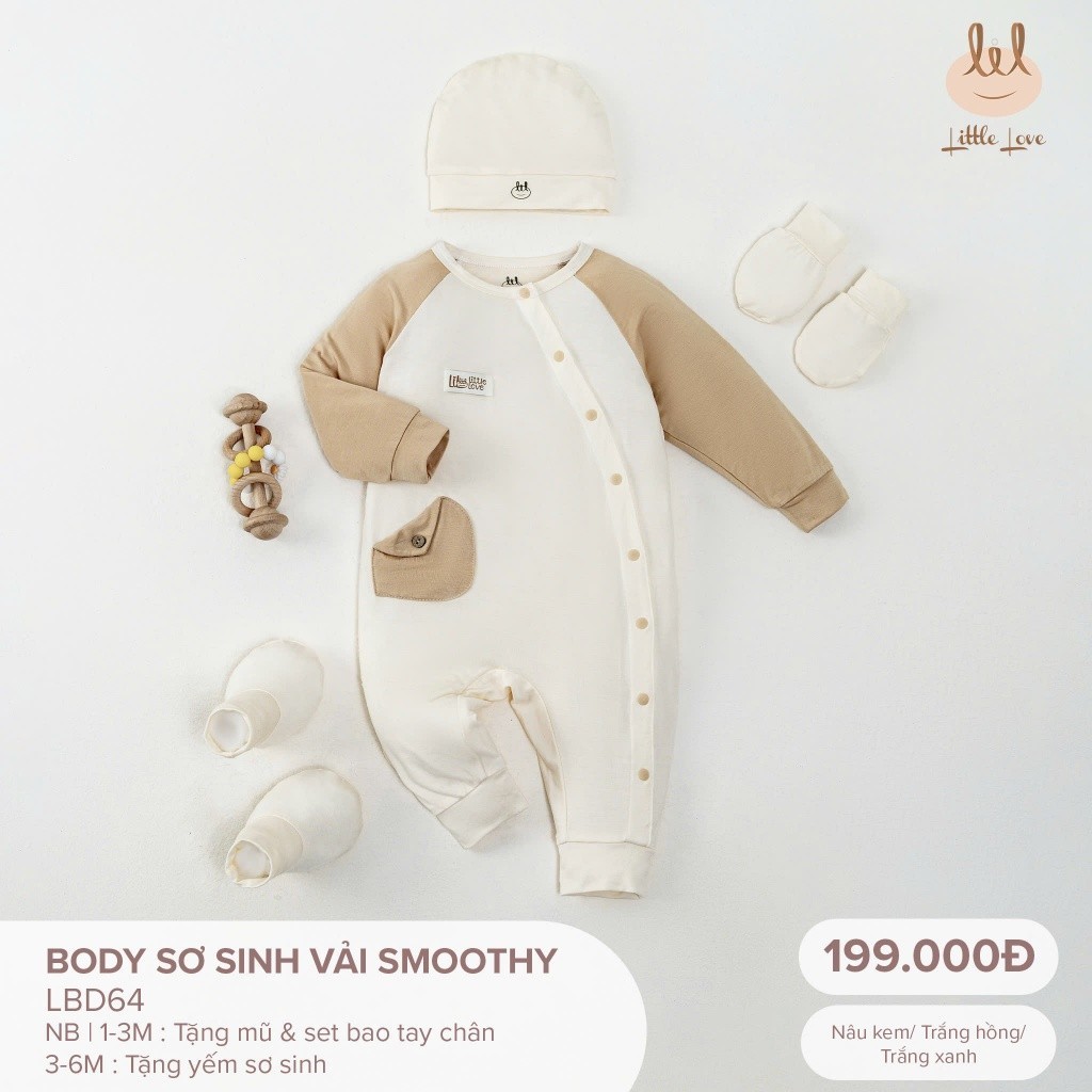 Body dài tay sơ sinh smoothy [ Mềm mịn, mát ] cho bé LiL Little Love (LBD64) có tặng kèm mũ sét bao tay chân Hoặc Yếm