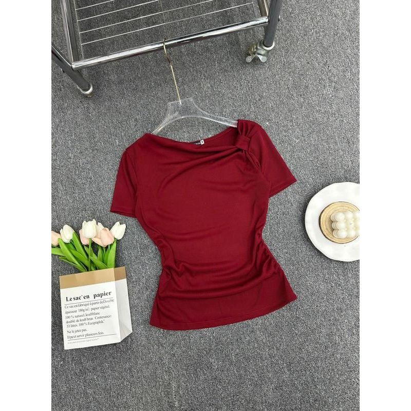 Áo Thun Tay Ngắn Cổ Lệch Thắt Nút Big Size ESHOP Áo Thun Nữ Chất Thun Gân Tăm Mềm Mát Co Giãn MS532