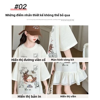 Đầm thun bé gái dáng rộng – Váy giả hai lớp in hoạt hình, cổ tròn thoải mái