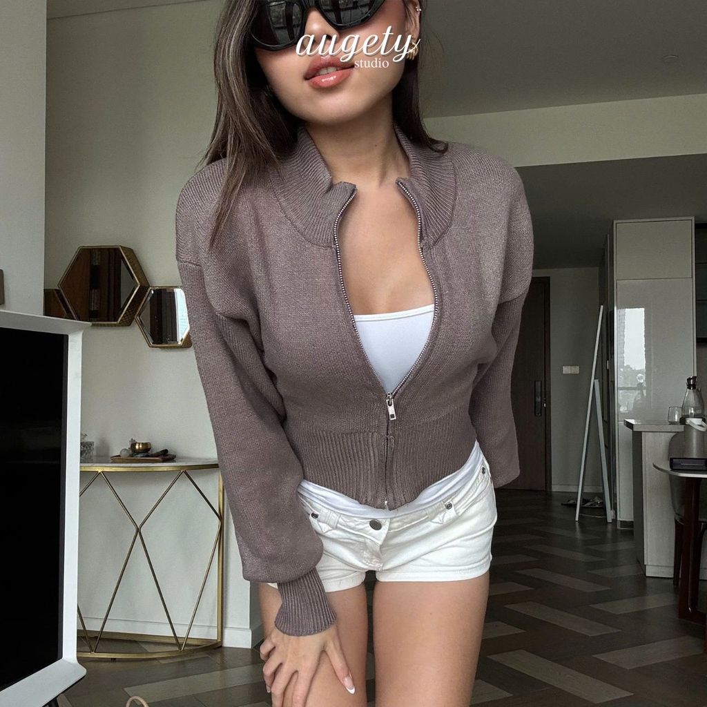 Áo Khoác Len Dệt Kim Cao Cấp Chất Dày Dặn Bo Eo Khoá Kéo Dáng Croptop Augety Studio, LIVY Knit Cardigan