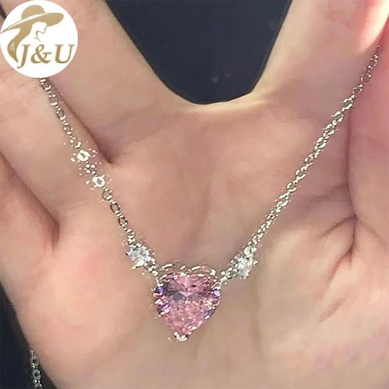 Vòng cổ zircon hồng hình trái tim, pha lê sáng bóng - Trang sức thời trang cho nữ và bé gái