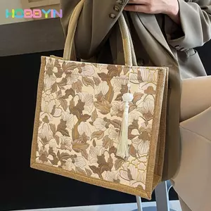 HOBBYIN Túi Tote Vải Lanh HOBBYIN, Túi Tote Hoa Thêu Tay Cầm Trên Di Động, Thời Trang Dung Tích Lớn Nhẹ Túi Nữ Văn Phòng Hàng Ngày