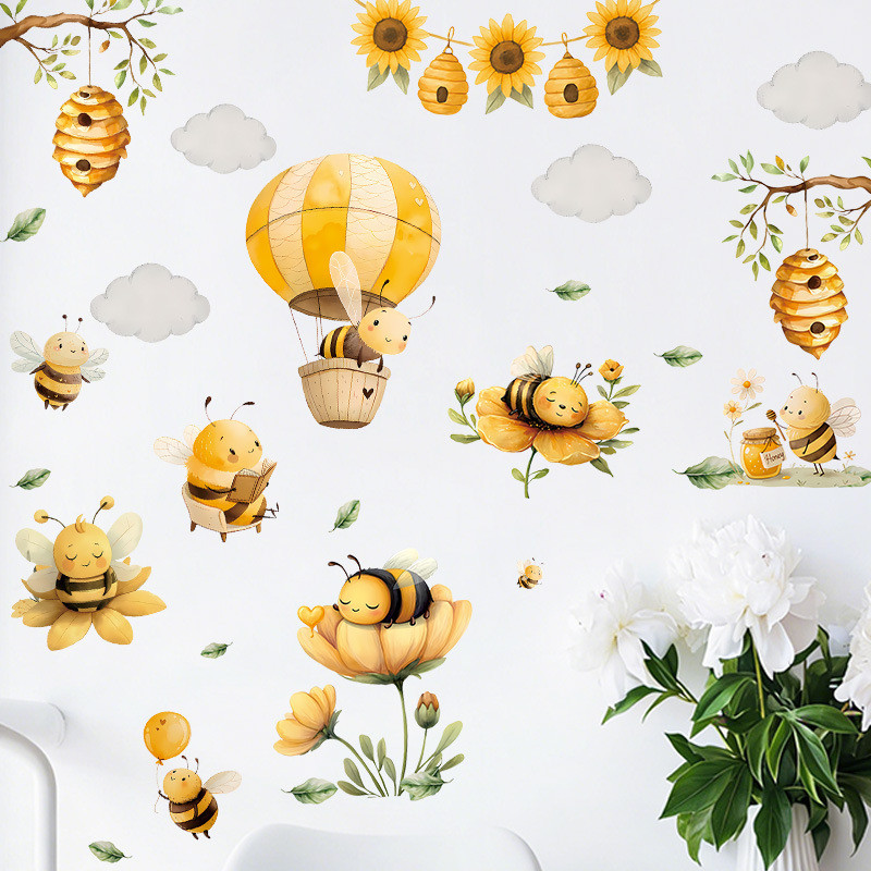 Nhãn dán tường hình ong & hoa hướng dương hoạt hình, đề can tự dính PVC cho phòng trẻ em & trang trí mùa xuân mẫu giáo