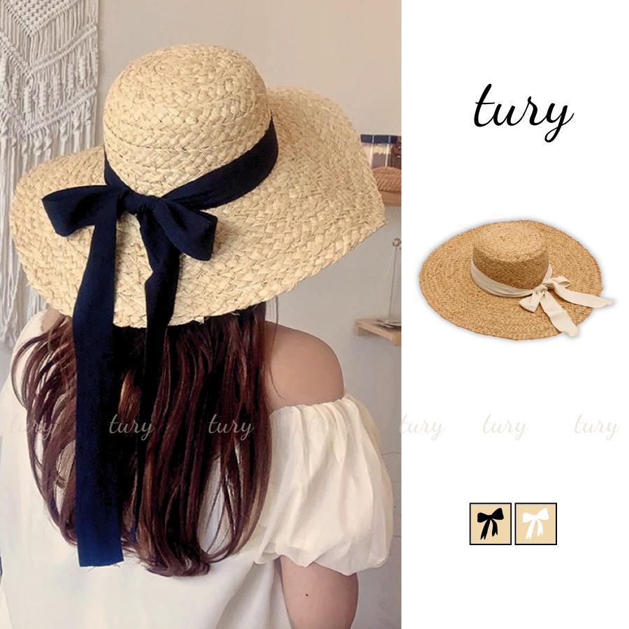 Nón Cói Nữ - Tury - Mũ Cói Form Đứng Phối Nơ Đơn Giản - NC051