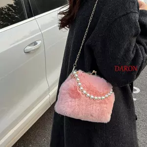 Túi dạ hội DARON, Túi xách sang trọng lông thú giả ngọc trai, Khóa nụ hôn di động Vai đơn Vỏ thanh lịch Túi đeo chéo Đảng