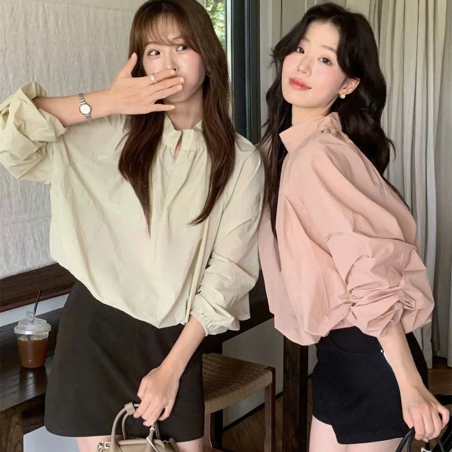 Áo Sơ Mi Cổ Đứng Dài Tay Chất Liệu Gió Nhăn Linh Tây Clothing  Áo Dài Tay Kiểu Dáng Bồng Kéo Khoá Mềm Mịn