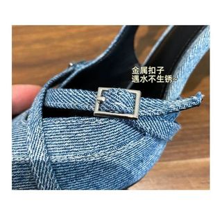 Giày Cao Gót Da Mềm Phiên Bản ~ Mũi Nhọn Mũi Chân Sandal Nữ Denim Xanh Phù Hợp Với Dây Đeo chéo Giày Stiletto Giày Cao Gót