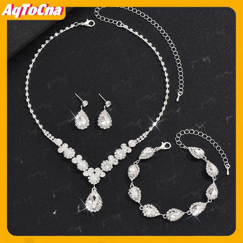 AqToCna Trang Sức Cưới Sang Trọng - Set 3 Món Zircon gồm Vòng Tay và Bông Tai
