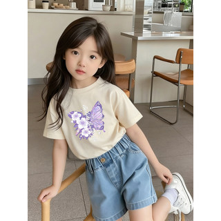 Áo thun in hình bướm phong cách retro dành cho bé gái, kiểu dáng thường ngày, dễ phối đồ và thoáng khí, cổ tròn.