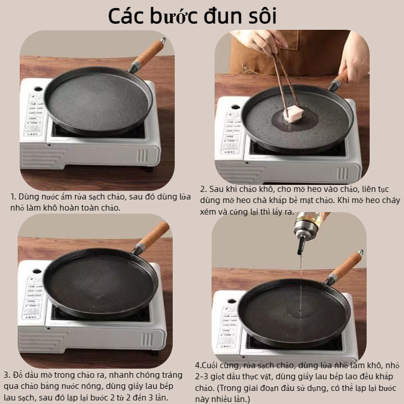 Chảo gang thủ công 20cm, chống dính tự nhiên, đáy bằng, dùng bánh xèo, bít tết, mọi bếp