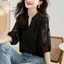 Áo sơ mi voan ngắn tay màu đen mỏng dành cho nữ Áo sơ mi ren phong cách phương Tây dáng rộng che bụng