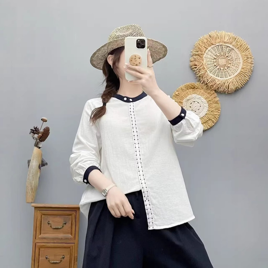 Sơ mi nữ cotton chất lượng cao, dáng rộng màu tương phản, style đại học