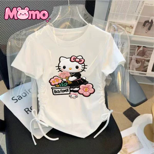 Áo sơ mi ngắn tay in hình hoạt hình Hello Kitty mùa hè dễ thương có thiết kế dây rút có gân
