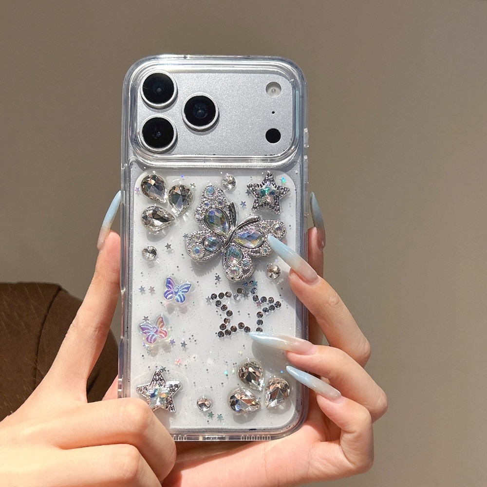 Ốp Điện Thoại Nhựa Bướm Kim Cương 3D Cho iPhone 17 Pro Max 16 15 14 13 Vỏ Bảo Vệ Chống Sốc
