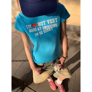 Milyfashion Áo thun Cotton Retro In Chữ Tay Ngắn Màu Xanh Hồ Nước Phong Cách Casual